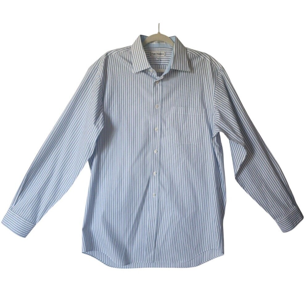 Paul Frederick 100% Cotton White Blue Striped Button Down Shirt Mens 16.5 - 37 - Picture 4 of 11